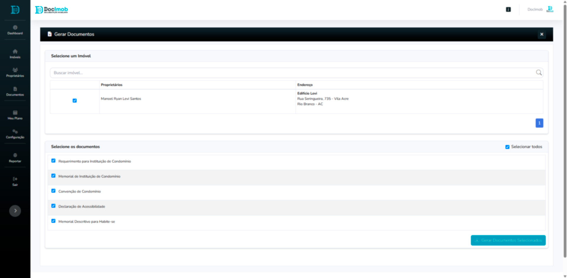 Tela de geração automática de documentos de condomínio no DocImob